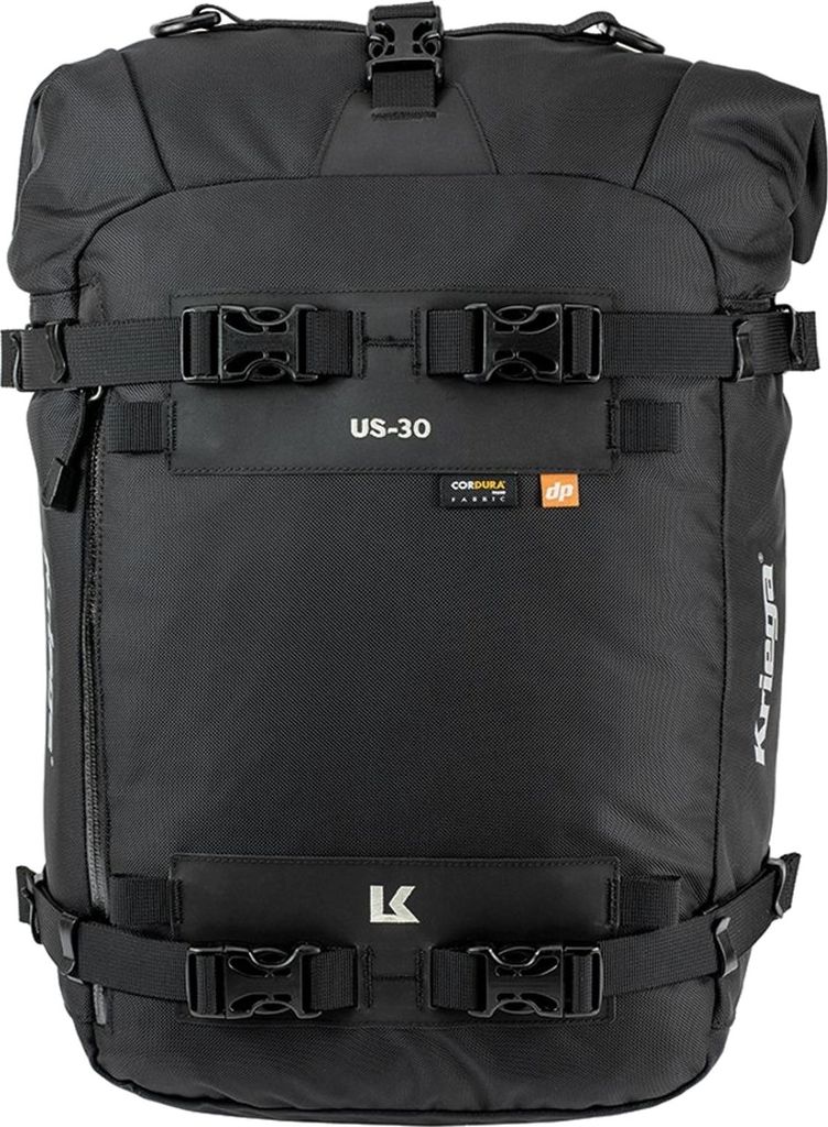 A black Kriega US-30 Drypack backpack is shown from the front against a white background.