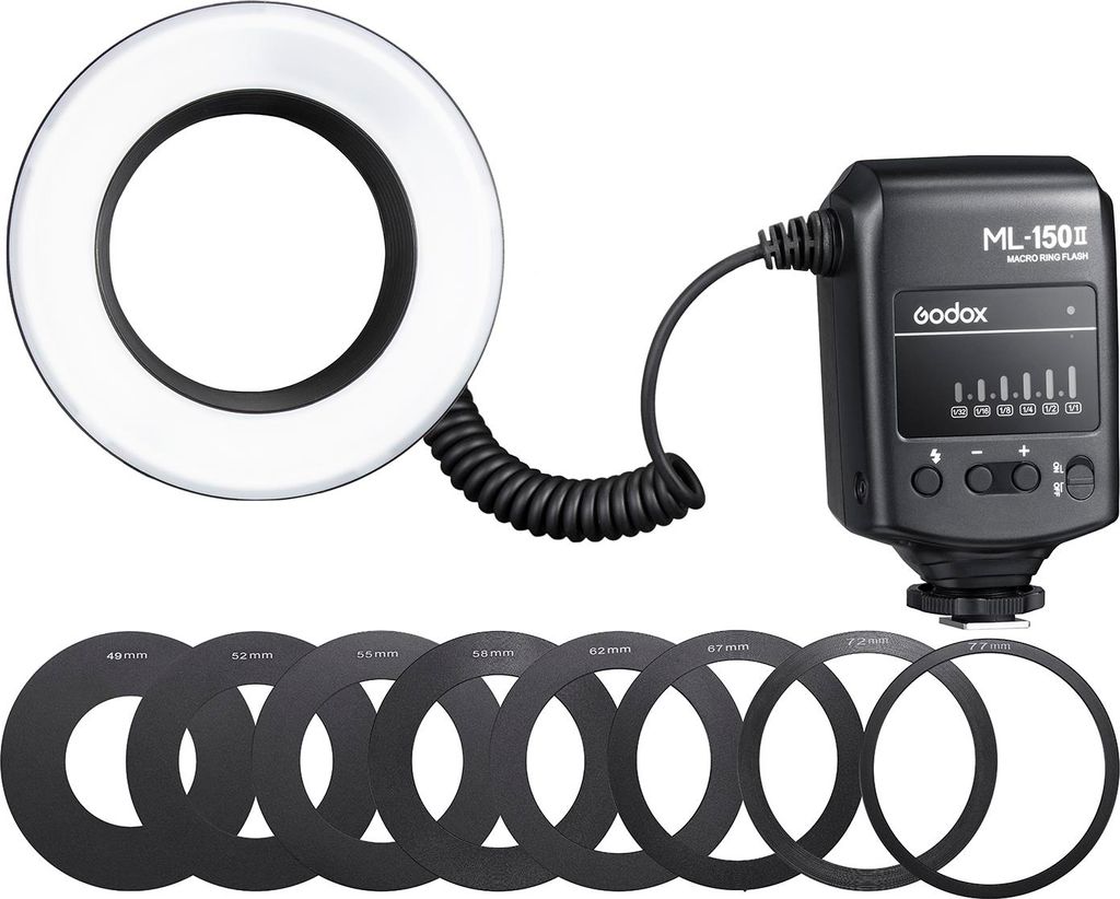 Godox ML-150II Universal-Makro-Ringblitz 11 Stufen einstellbare Helligkeit GN12 Schnelle Ladezeit mit 8 Adapterringen Ersatz für Canon