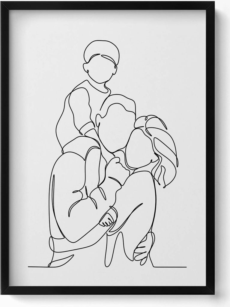 Line-art einer glücklichen Familie mit einem Kind– Wandbild mit Rahmen – Gerahmtes Bild – Wanddekoration – 50x70 cm – Schwarz Rahmen
