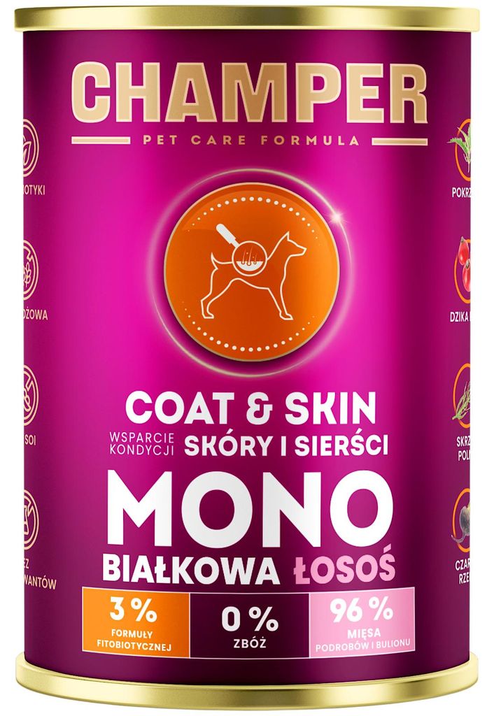Nassfutter für Hunde, Monoprotein, Champer Haut und Fell, Lachs 6x400g