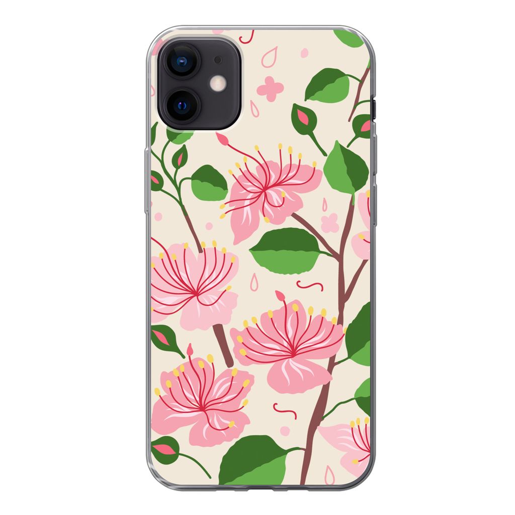MuchoWow Handyhülle Schutzhülle Hülle für iPhone 12 mini Blume - Rosa - Blatt - Muster Silikon Softcase Handy Hülle - Bild