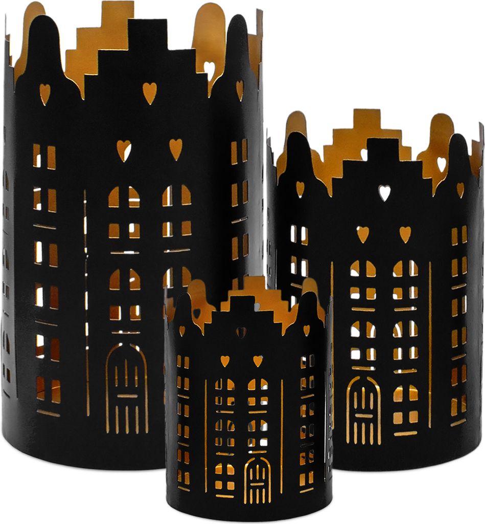 Metall Windlicht 3er Set - Motiv: Häuser - Metall / ca. 20, 15, 10 cm - Farbe: Schwarz