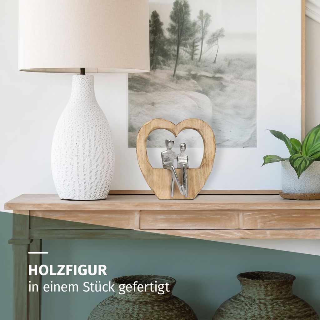 Dekofigur Heartbound 25,5 cm aus Mangoholz und Aluminium Skulptur im Herz Motiv mit zwei Personen Symbol für Liebe Vertrauen und Geborgenheit