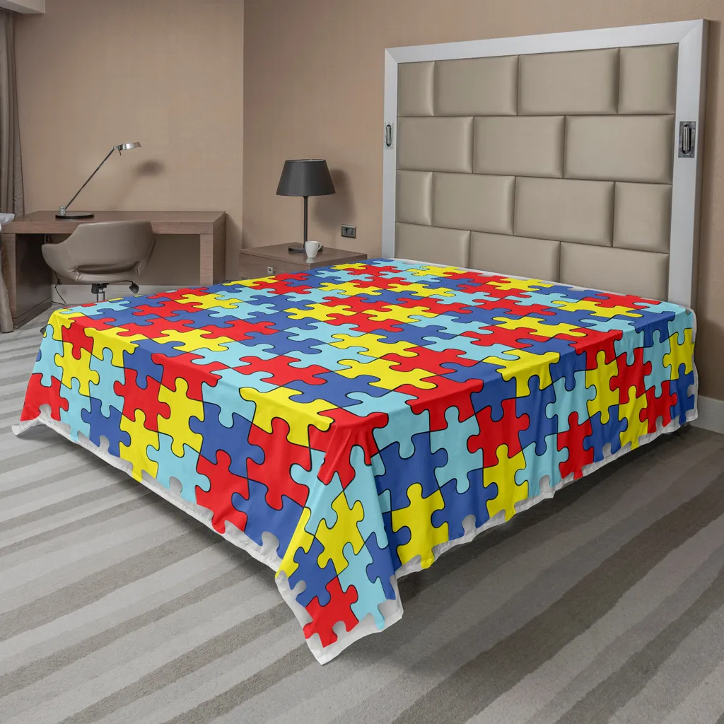 Drap plat doux et confortable à motif puzzle coloré format 266 x 260 cm