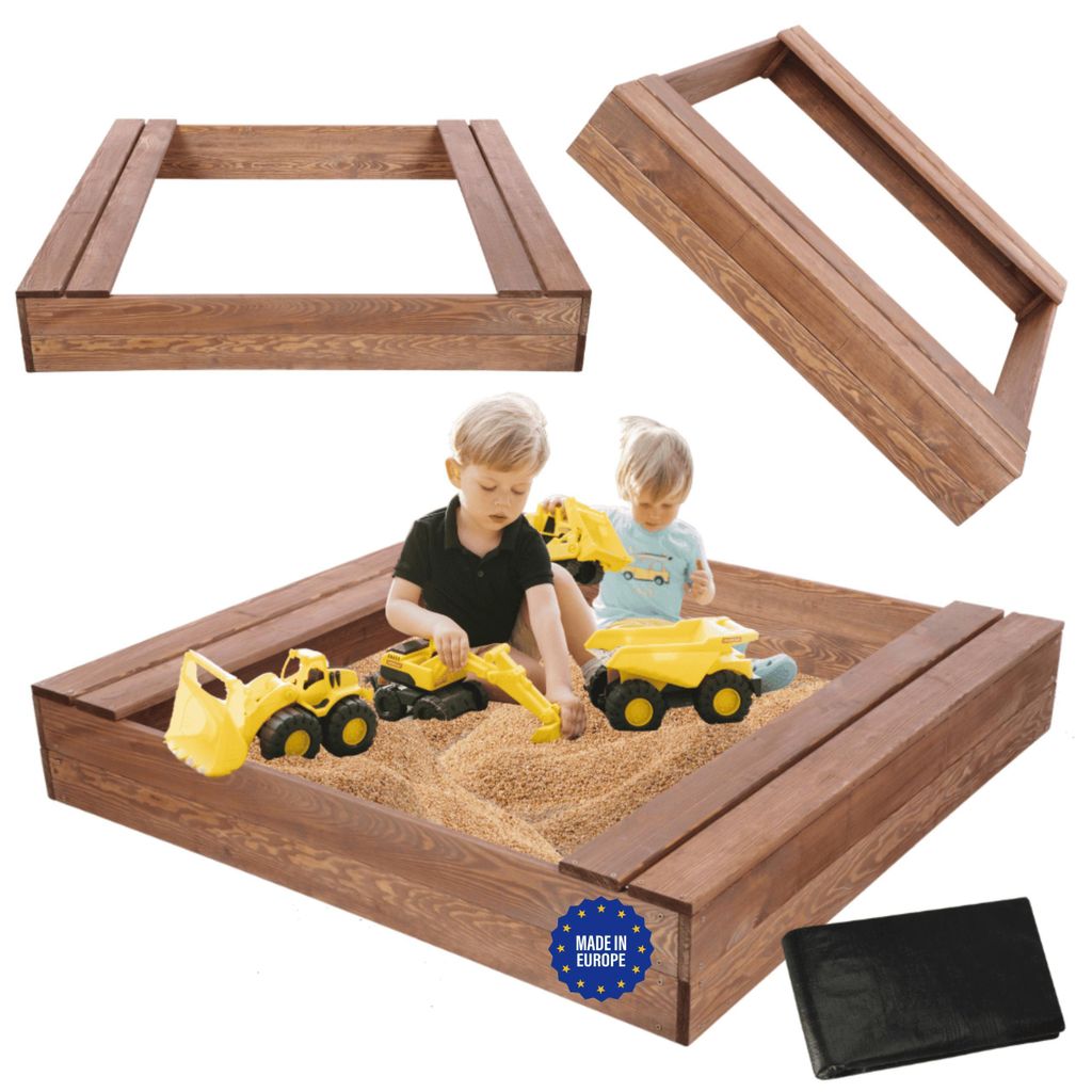 MODO24 Sandkasten Holz, mit Sitzbänken, Holzsandkasten, Kinder Gartenspielzeug, Outdoor, 120x117 cm, Braun Imprägniert, PIA