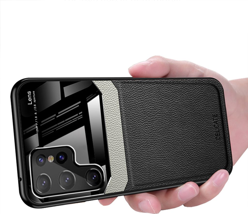 Galaxy S22 Ultra 5G Hülle, TPU Stossfest Anti-rutsch Leder Glas Len Hybrid Schutzhülle für Samsung Galaxy S22 Ultra 5G Schwarz
