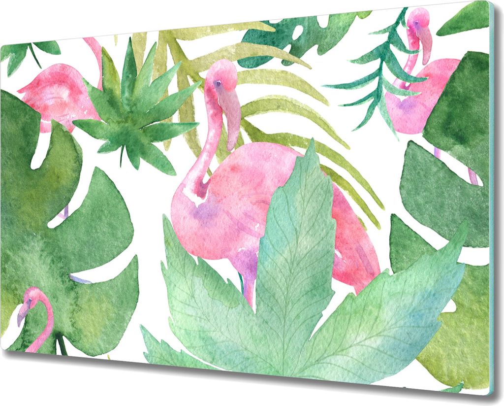 Coloray Hackbrett Küchenbrett Kochplattenabdeckung Schneidebrett Herdabdeckplatte 80x52 cm - Blätter Flamingos