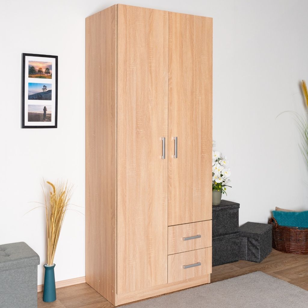 Kleiderschrank | 2 Drehtüren | 2 Schubladen | 5 Fächer | mit Kleiderstange | 80 cm breit | Farbe: Sonoma Eiche