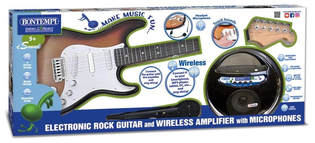 Elektrische Rockgitarre mit Verstärker, Mikrofon und Kopfhörer