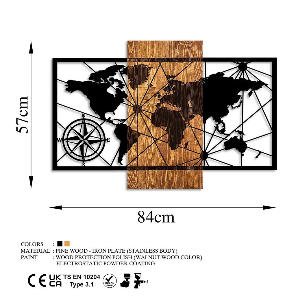 Wallity, Mappa del mondo 3-M, Accessorio decorativo da parete in legno, 100 % LEGNO / METALLO, Noce, 57 x 84 cm - 6