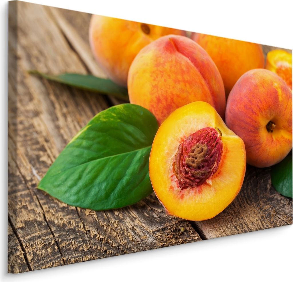 Fabelhafte Canvas LEINWAND BILDER 90x60 cm XXL Kunstdruck Obst Pfirsiche Kerne Holz