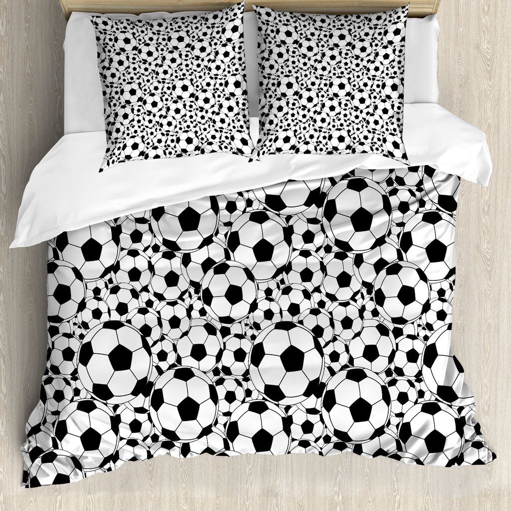 ABAKUHAUS Fußball Bettbezug, Monochrome Balls Jungen, Milbensicher Allergiker geeignet mit Kissenbezügen, 155 cm x 220 cm - 80 x 80 cm, Schwarz-W...