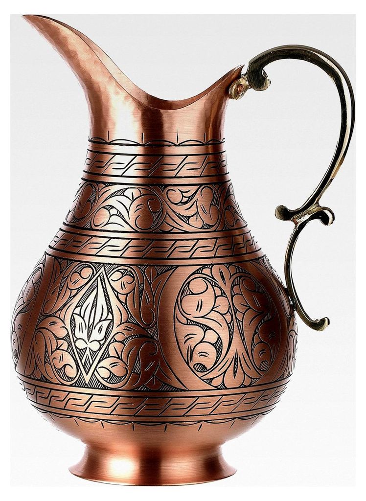Kupfer Wasserkrug – Handgefertigter Kupferkrug für Trinkwasser (Ayurveda) – 1 mm Massivkupfer, Handgehämmert, 2,2 L – Gesundes Trinkwasser ...