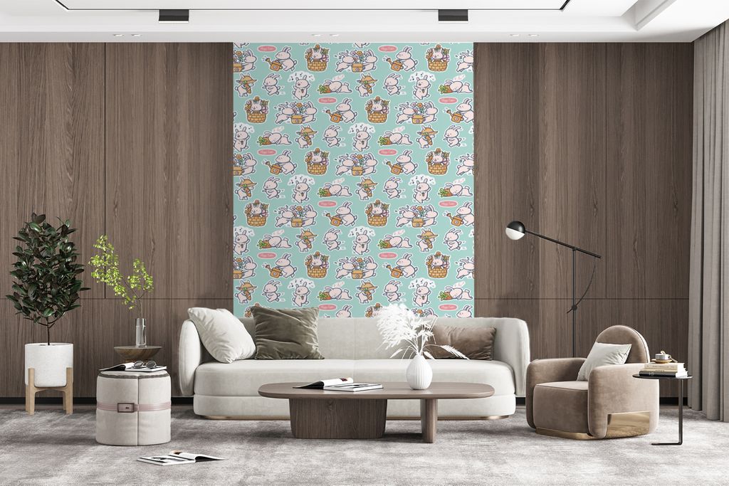 MuchoWow Fototapete für Wohnzimmer oder Schlafzimmer Wandtapete Vinyl Motivtapete Kaninchen - Garten - Muster - 180x280 cm - Wallpaper