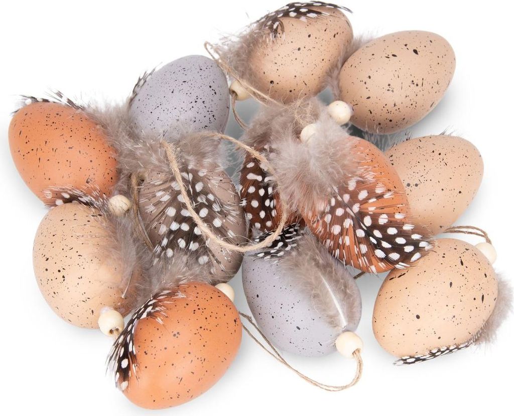 12x Deko-Eier zum Aufhängen, 6cm – Osterdeko in Wachtelei-Optik mit Federn & Holzperle – Kunststoff, bruchsicher – Hängedeko für Osterstra...