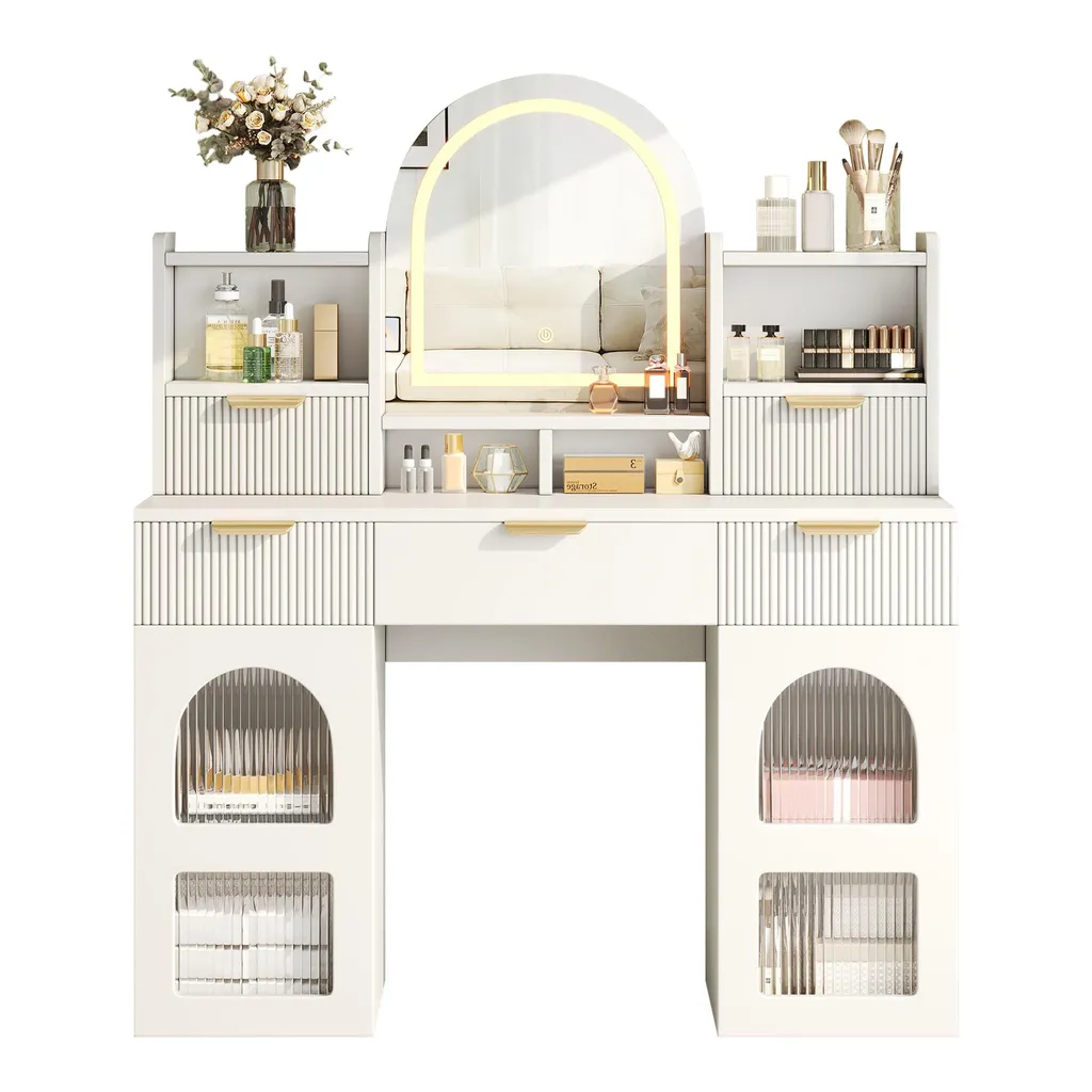 Coiffeuse avec miroir LED tactile, 3 tiroirs et vitrine, commode blanche - 9