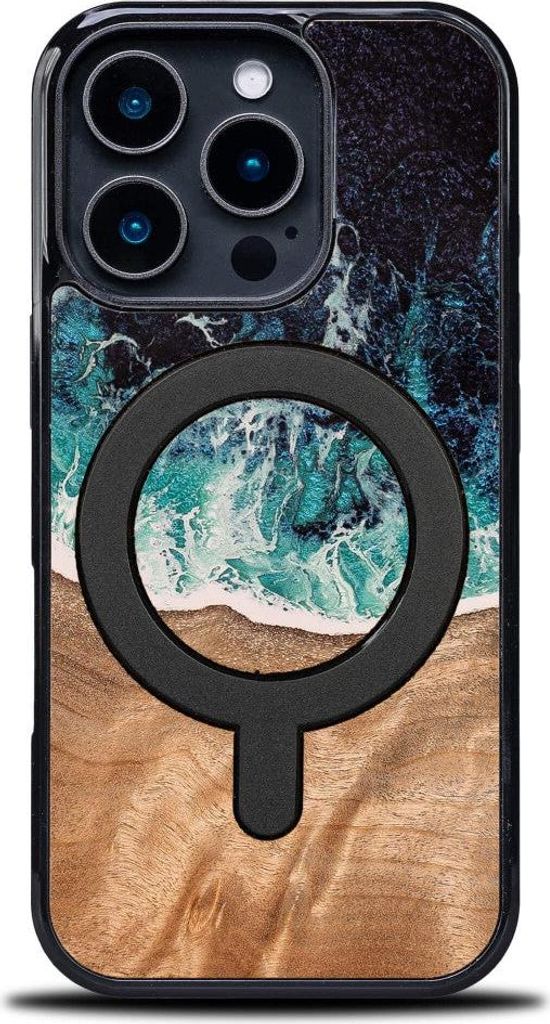 Holzhülle für iPhone 16 Pro, Bewood Unique Dream Island für MagSafe, Blau-Braun