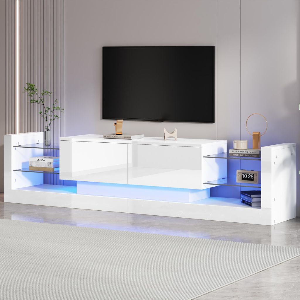 Sweiko Hochglanz-TV-Schrank mit LED-Beleuchtung, 181 cm – Für Fernseher bis 80 Zoll, Glasfront, zwei klappbare Schubladen