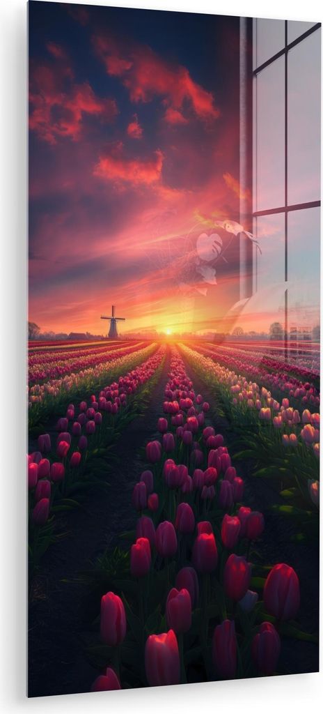 MuchoWow Glasbilder - Bilder auf Wandbild - Foto auf Glas Windmühle - Sonnenuntergang - Landschaft 40x80 cm Wanddekoration aus Glas - Acrylglasbil...