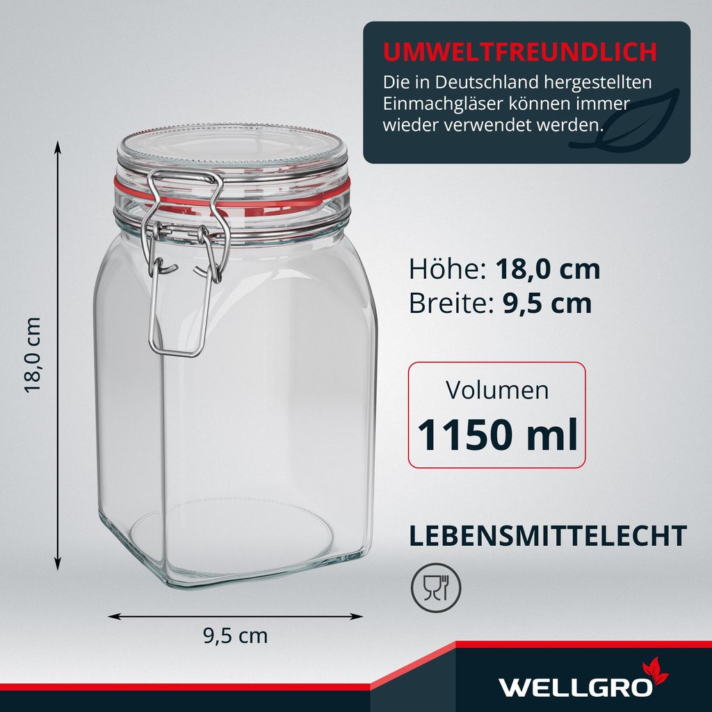 WELLGRO Einmachgläser mit Bügelverschluss eckig 1150ml - Produktbild 