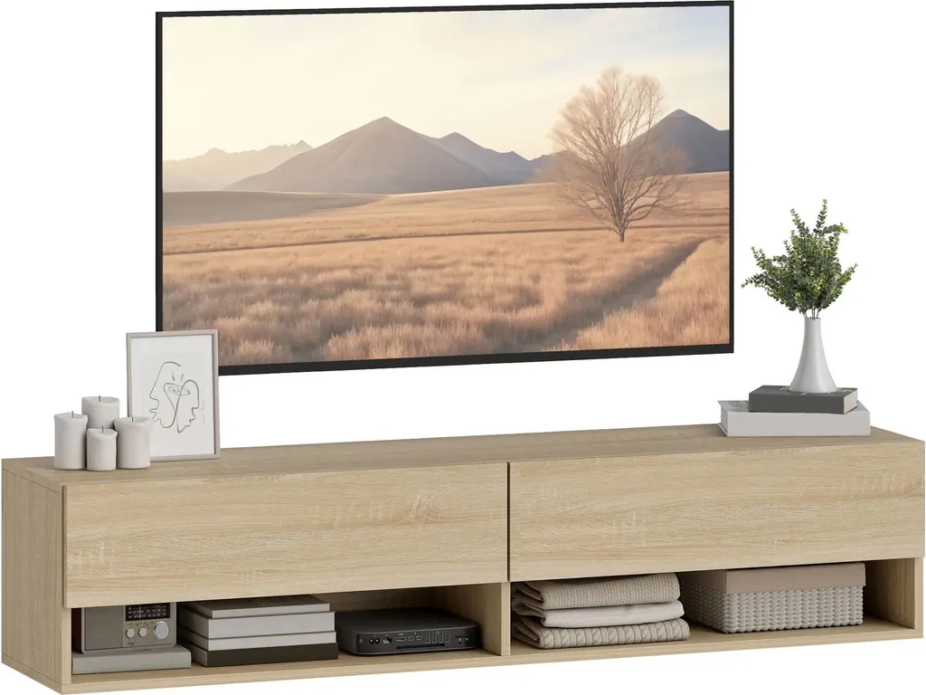 Meuble TV suspendu en bois naturel 140cm avec 2 tiroirs rabattables