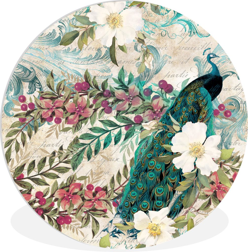 MuchoWow Rundes Wandbild - Runde Bilder Blumen - Kunst - Pfau Ø 30 cm Kreis Wanddekoration Kunststoff - Wandkreis - Wandschmuck - Schlafzimmer -...