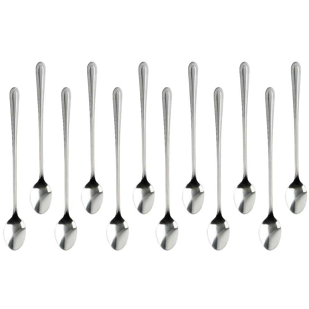 A set of 12 long, elegant cocktail spoons arranged in a row against a white background.