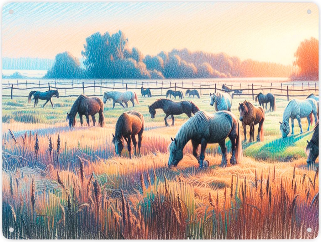 Pferde auf Koppel bei Sonnenaufgang Metallschild XXL in 28x38 cm