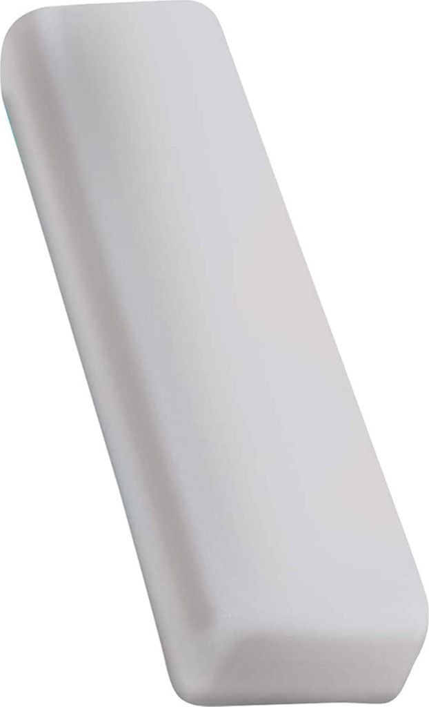 A white rectangular object with rounded edges, tilted diagonally on a white background.