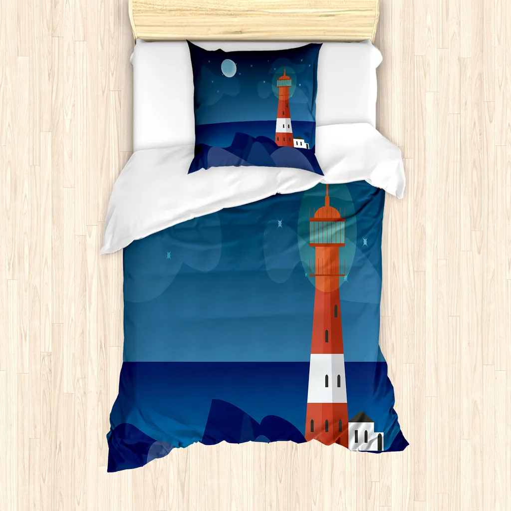 ABAKUHAUS Tappeto Da Parete E Copriletto Luna, 230x140 Cm, Vecchio Faro Sul Mare, Stampa Digitale Moderna, Blu Scuro E Bianco Avorio