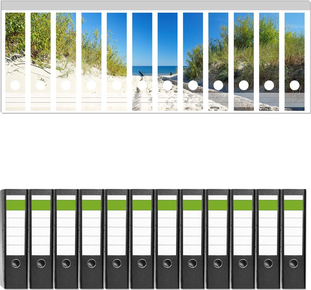 Wallario 12 Stück breite Ordner inkl. Klebeetiketten mit Motive Auf dem Sandweg zum Strand - Blauer Himmel über dem Meer - Set mit Rückenschild...