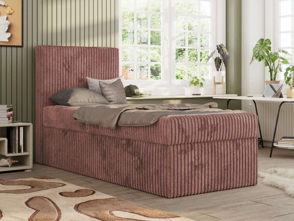 MKS MEBLE Jugendbett TILIO, Einzelbett mit Stauraum, Cordstoff, Boxspringbett 90x200 mit 7-Zonen-Taschenfederkern H4 - Rosa Cord - Links Seite