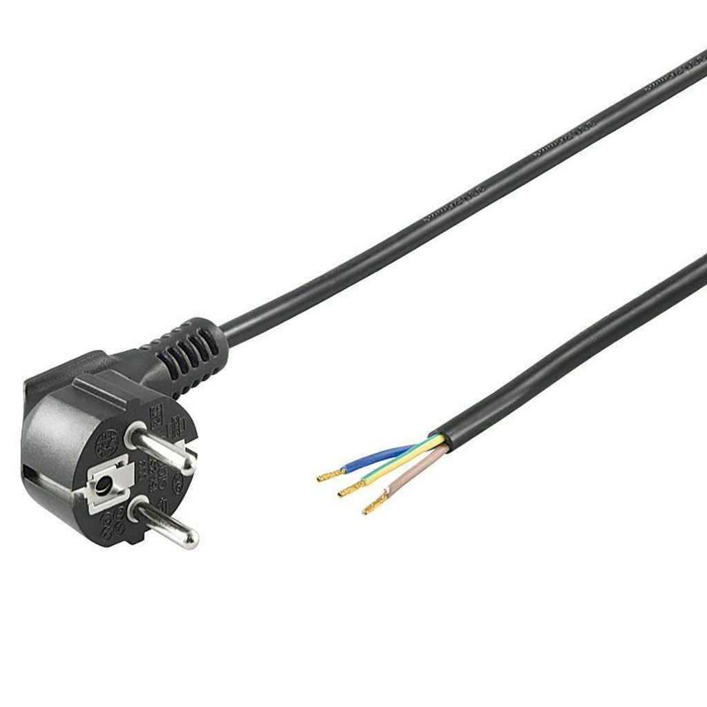 A black power cord with a European plug on one end and exposed wires on the other, isolated on a white background.