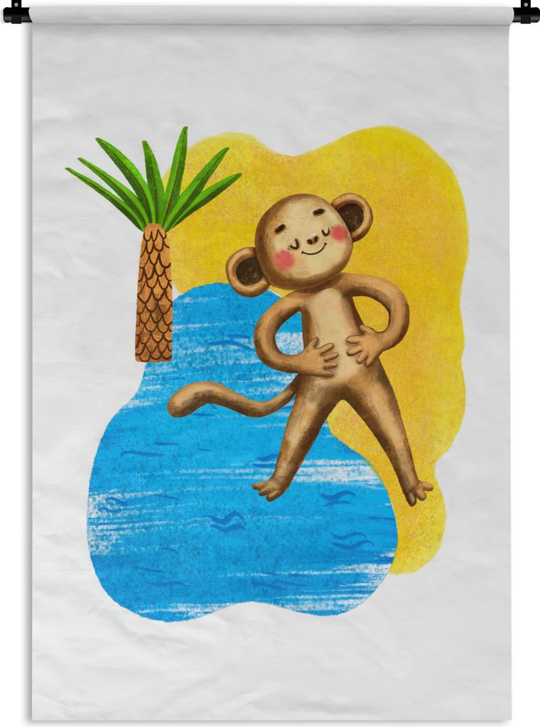 MuchoWow Wandteppich Wandbehang Affe - Palme - Strand 60x90 cm Tapisserie Dekoration Wandtuch - Foto-Teppich - Abwaschbar