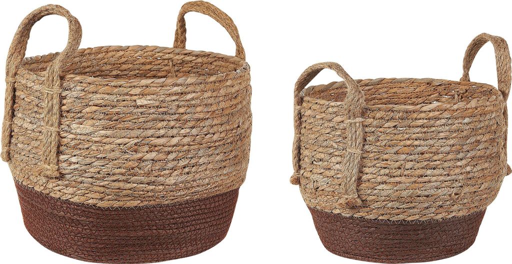BELIANI Pflanzkorb Natürlich und Braun Seegras 2er Set Rund Handgeflochten Verschiedene Höhen Boho Gartenaccessoires Gartenzubehör Dekoration
