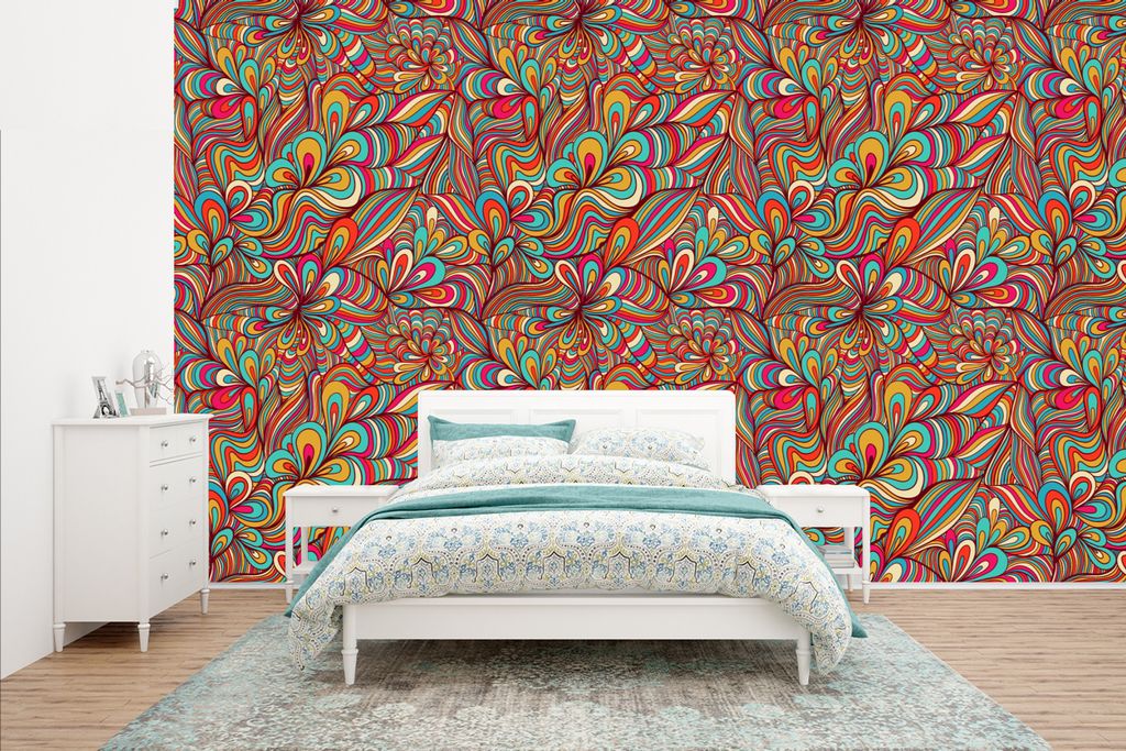 MuchoWow Fototapete für Wohnzimmer oder Schlafzimmer Wandtapete Vinyl Motivtapete Design - 70er Jahre - Fantasie - Farbe - 400x240 cm - Gemustert