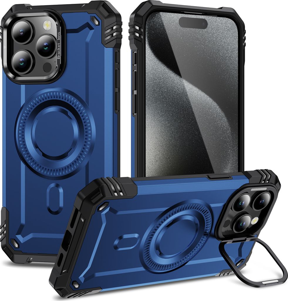 Magnetisch Hülle für iPhone 15 Pro, Heavy Duty Militärischer Stoßfest Handyhülle Kamera-Ringständer Blau