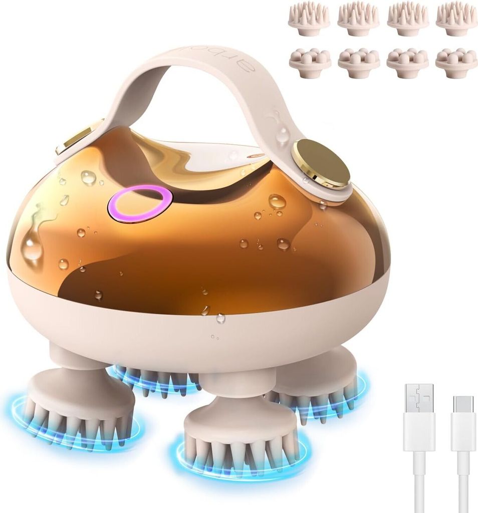 Massagegerät elektrische Kopfmassage IPX7 wasserdicht mit 8 abnehmbaren Massageköpfen und 3 Massagemodi, handliches Kopfmassagegerät für Entspa...