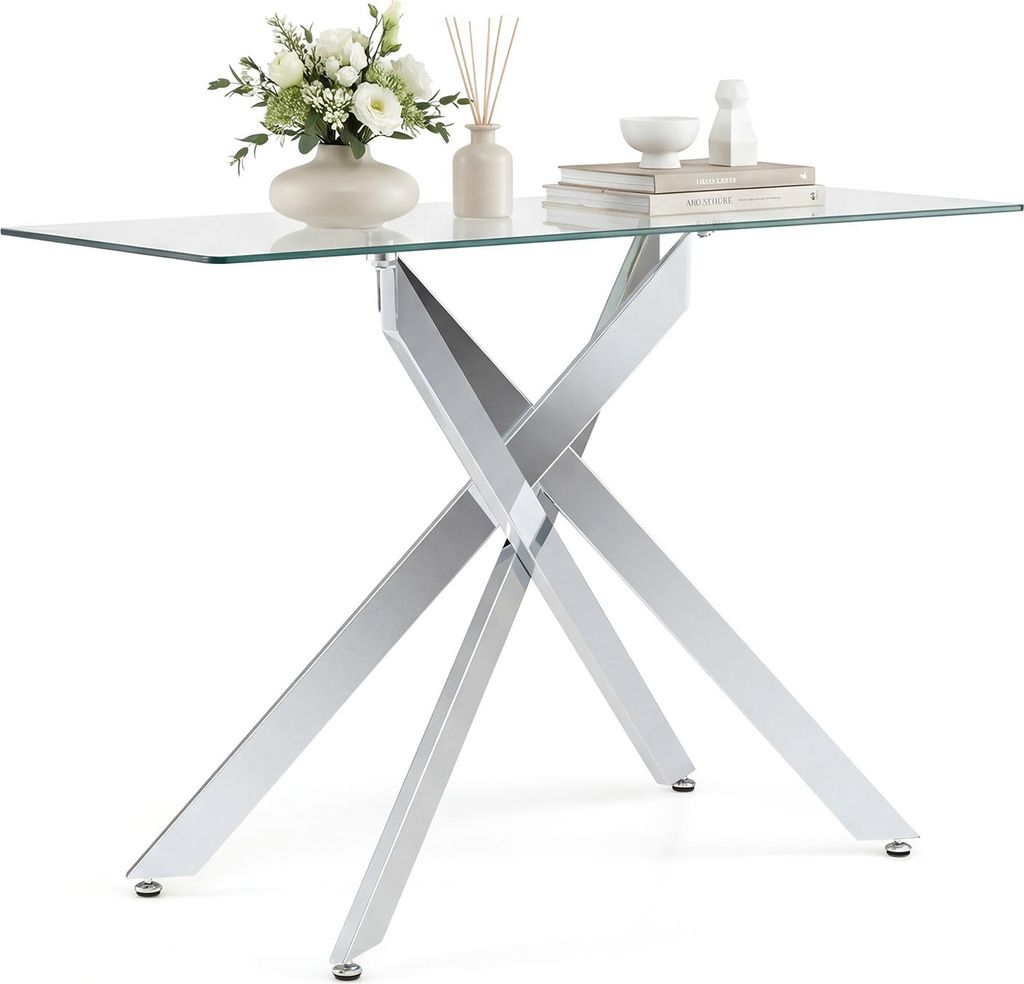 COSTWAY Konsolentisch aus gehärtetem Glas, Beistelltisch mit Metalbeinen, Sofatisch, Eingangstisch rechteckig, Esstisch schmal, 115x45x78 cm, Silber