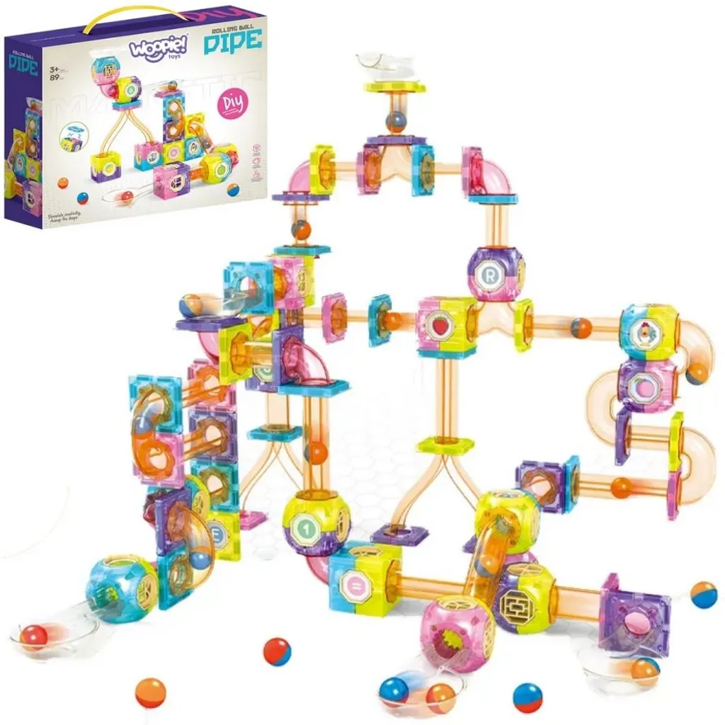 Circuit à billes Woopie 89 pièces : Jeu de construction stable et magnétique