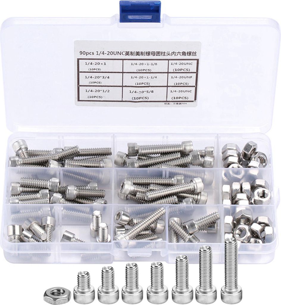 90-teiliges Sortiment an Innensechskantschrauben aus Edelstahl, 1/4-20UNC
