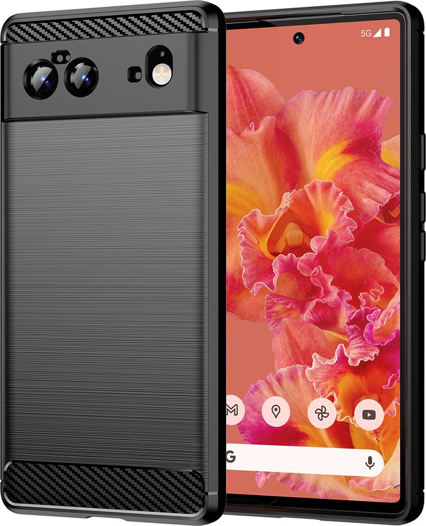 Google Pixel 6 Hülle, Carbon-Faser TPU Silikon Stoßfest Schutzhülle für Google Pixel 6 Schwarz