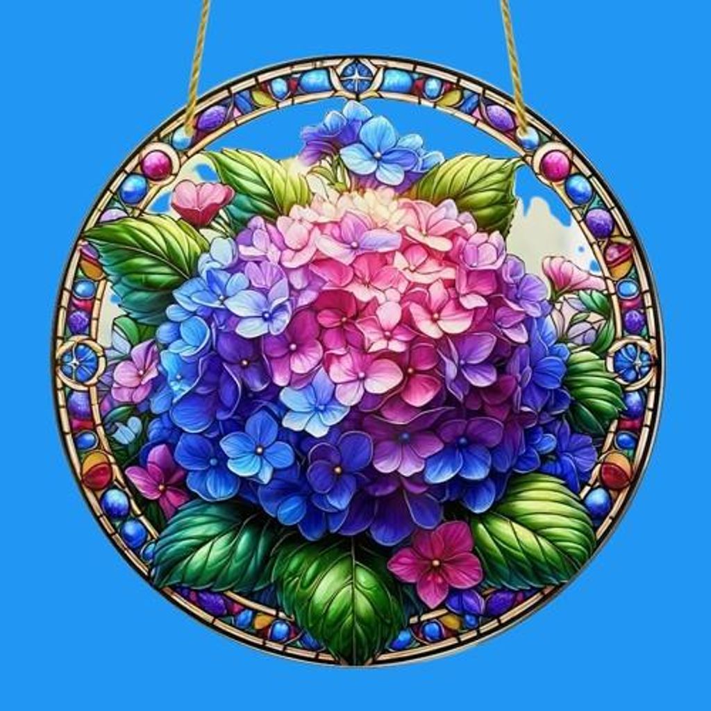 GKA XL Sonnenfänger Hortensien bunt 20 cm Buntglas Lichtfänger Fensterbild Fenster Fensterschmuck Fensterdeko