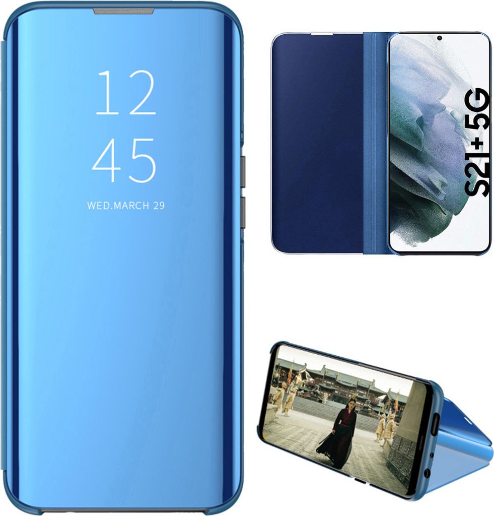 Samsung Galaxy S21 Plus 5G Hülle, LaimTop lichtdurchlässigen Spiegel Abdeckung, Klappetui Kunstleder Schutzhülle mit Standfunktion Blau