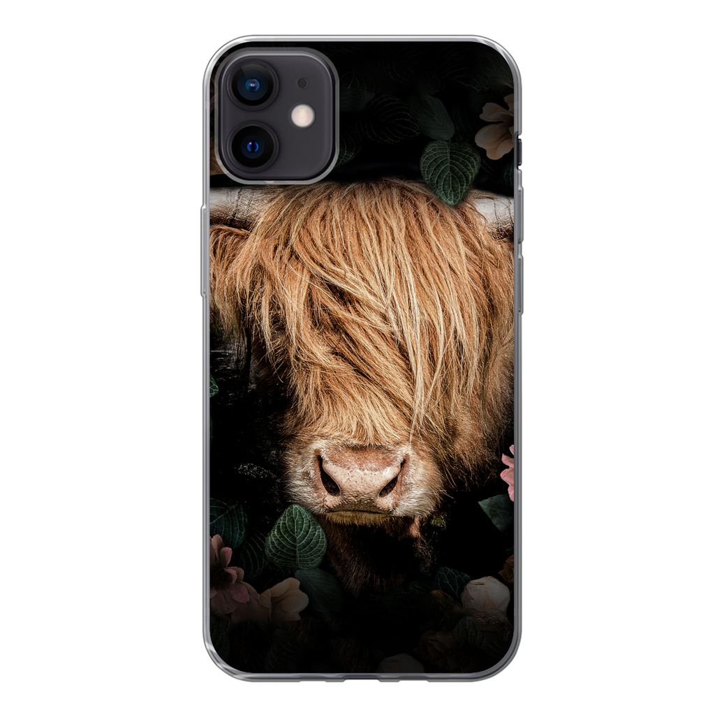 MuchoWow Handyhülle Schutzhülle Hülle für iPhone 12 mini Schottischer Highlander - Kuh - Blätter Silikon Softcase Handy Hülle - Bild