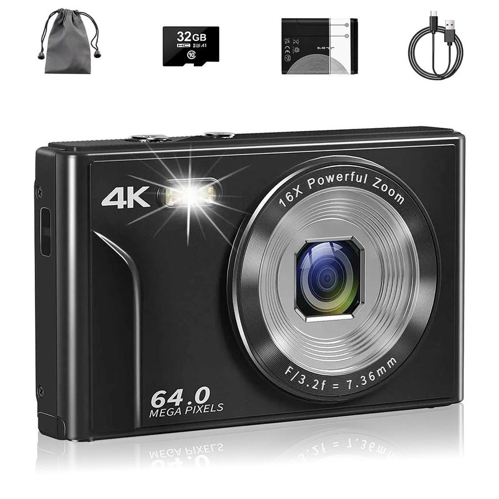 Kompaktkamera 4K 64MP, Digitalkamera mit Autofokus, 16X Digitalzoom, USB-Ladekabel, 1200mAh Batterie, tragbare Mini-Kamera für Alltag
