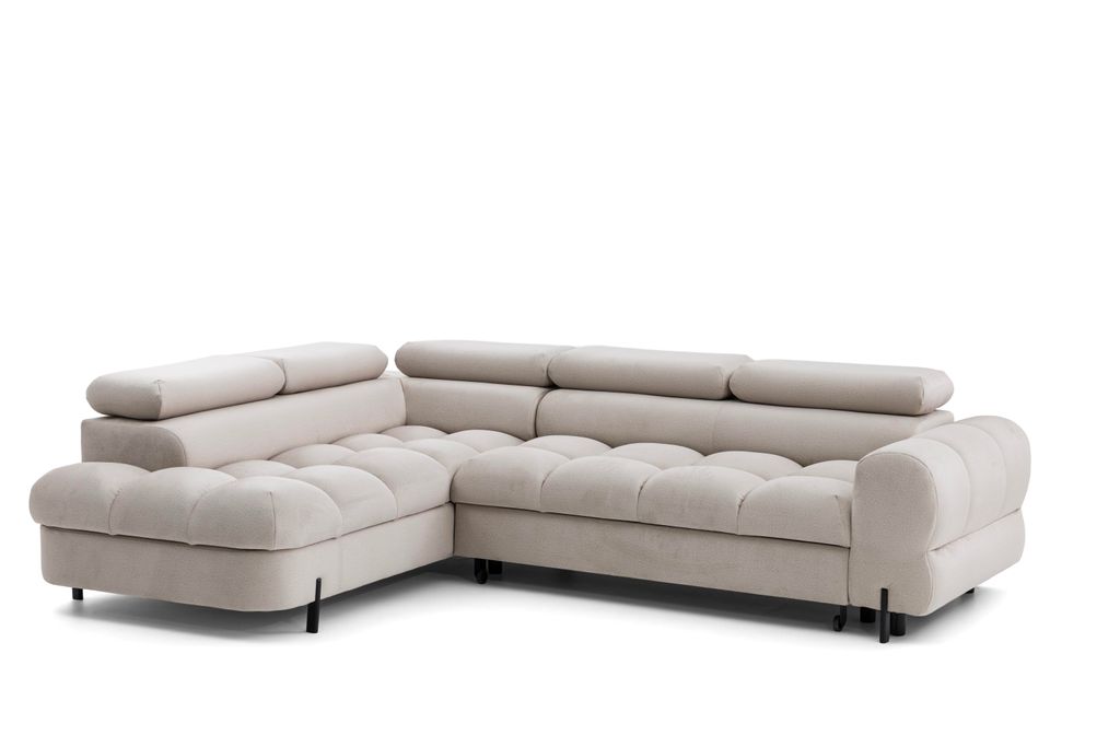 Ecksofa BOWL L Wohnlandschaft mit Schlaffunktion und Bettkasten, verstellbare Kopfstützen, Cremebeige, Links