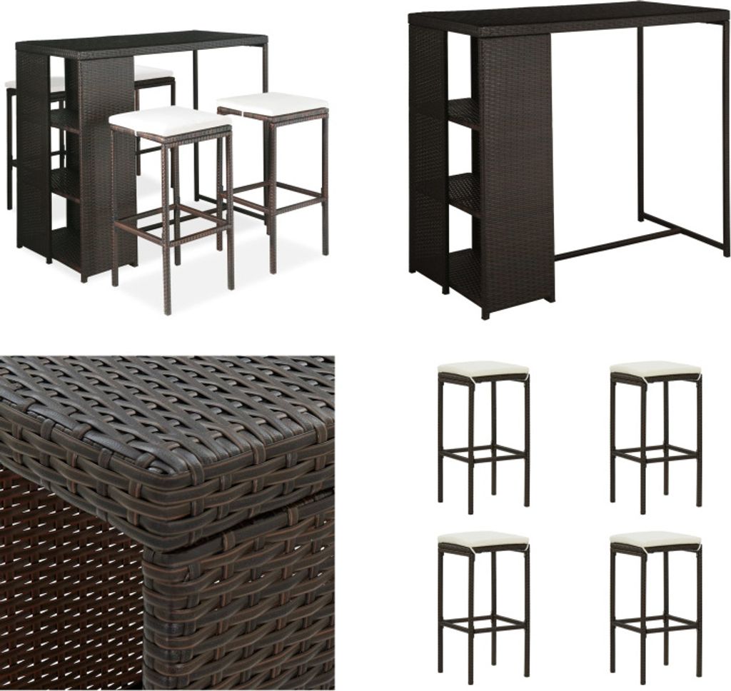 vidaXL 5 tlg. Gartenbar Set mit Kissen Poly Rattan Braun - Gartenbar-Set - Gartenbar-Sets - Gartentisch Und Stuhl - Gartentische Und Stühle
