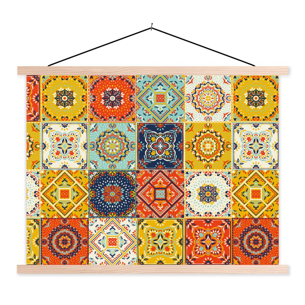 MuchoWow Textilposter Vintage - Blumen - Muster - Weiß - Orange 120x90 cm mit holzfarbenen Rahmen - Magnetisch