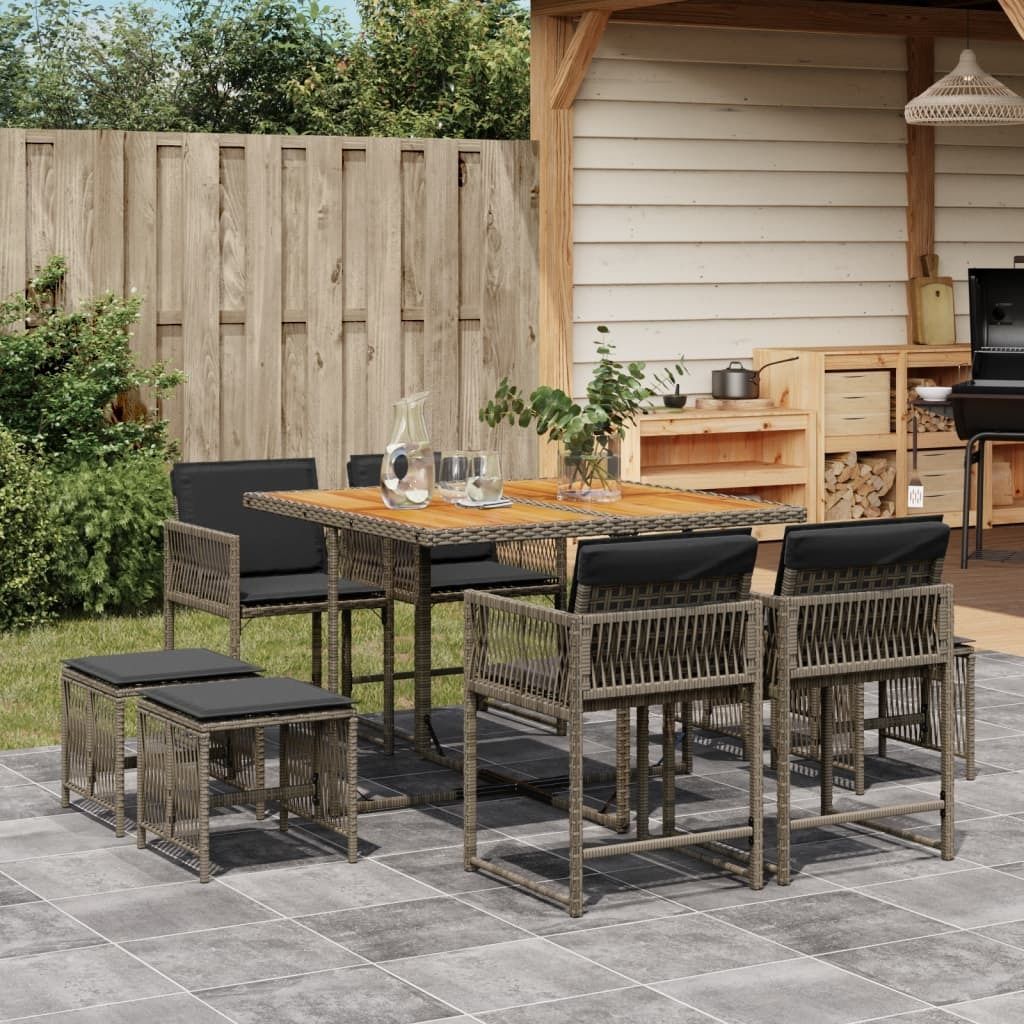 Maison Exclusive - 9-tlg. Garten-Essgruppe mit Kissen Grau Poly Rattan